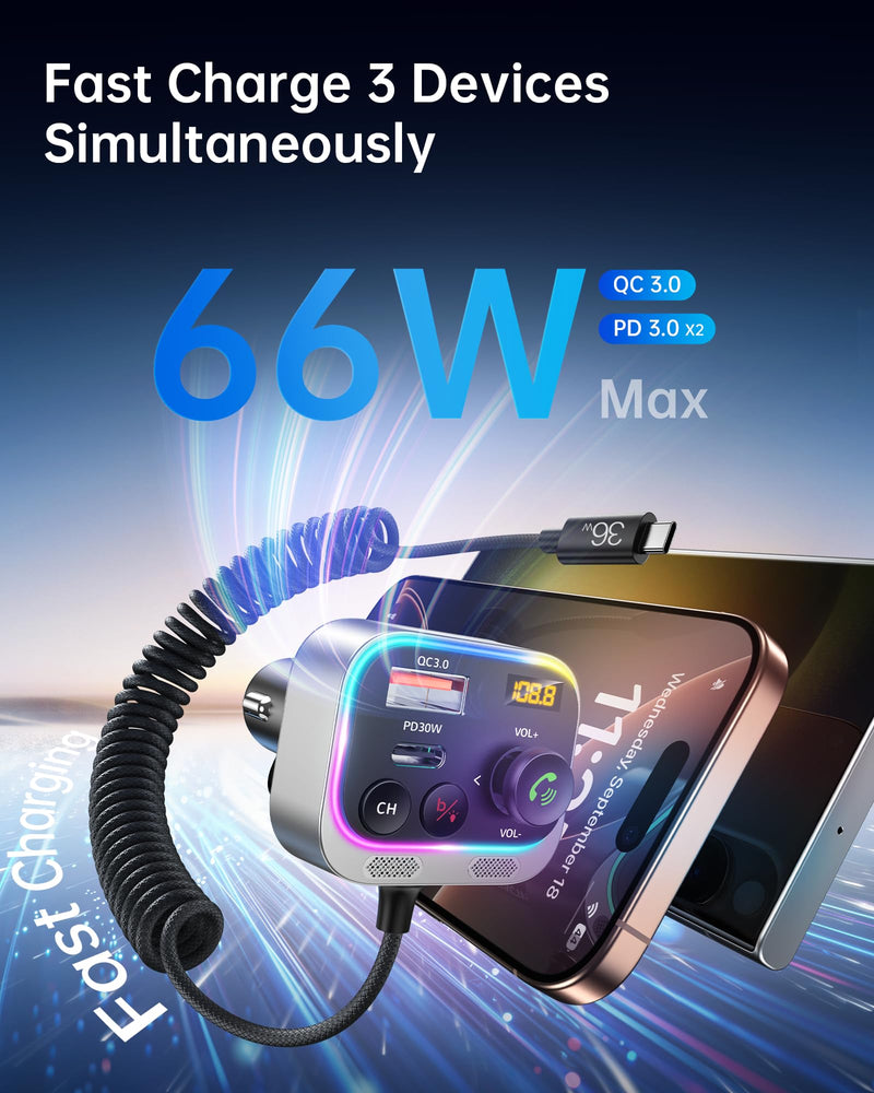 [AUSTRALIA] - Syncwire Bluetooth 5.4 FM Transmitter Car Adapter 66W PD & QC 3.0 Fast Charging with USB-C Cable Wireless Radio Adapter with Light Control, HiFi Bass, Hands-Free Calling and Strong Mics 