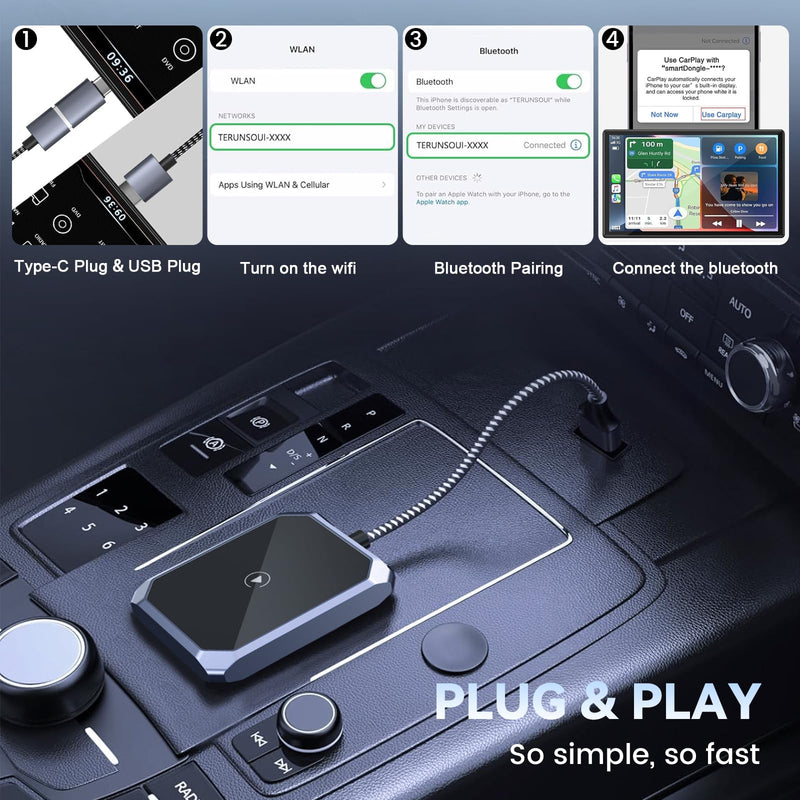 Wireless CarPlay Adapter, Converts Wired to Wireless Carplay Plug & Play Dongle Wireless Control for iPhone 8 or Above & OEM Wired CarPlay Cars
