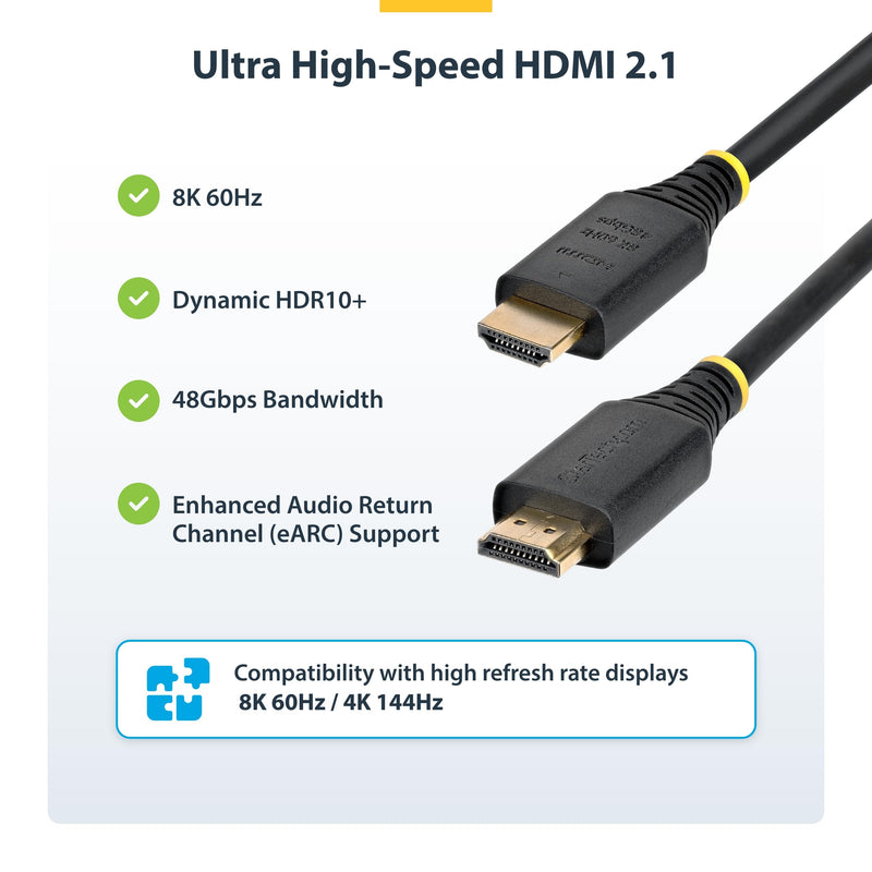 StarTech 15ft Ultra High Speed HDMI Cable, 8K 60Hz, HDR10+, 48Gbps | 8K 60Hz/4K 120Hz, HDMI 2.1 Cord with HDR10+ / eARC, Certified, HDMI21-CBL-8K60-15F 15 ft