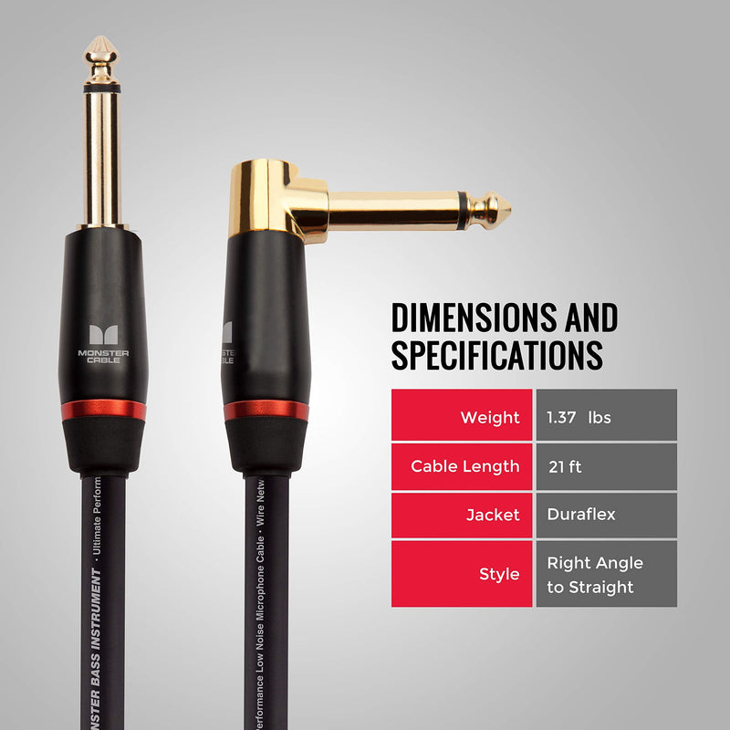 Monster Prolink Monster Bass Istrument Cable: Right Angle to Straight, 21 ft, Angled to Straight 1/4 Plugs