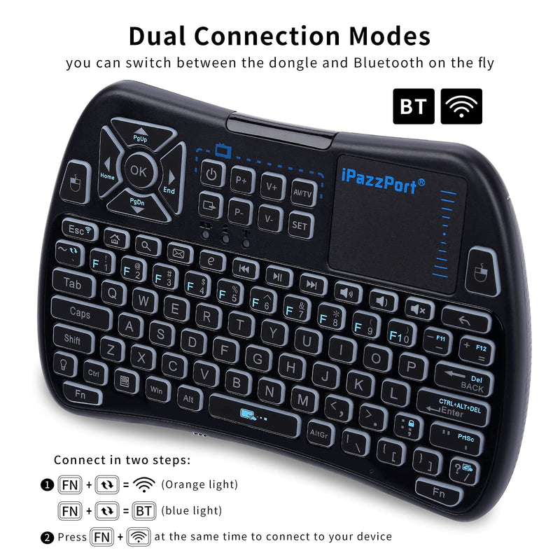 iPazzPort Backlit Mini Keyboard Bluetooth touchpad, Mini 2.4Ghz Keyboard Rechargeable, IR Learning Remote Keyboard for Google/Android TV Box, Raspberry Pi, Smart TV KP-61SM black
