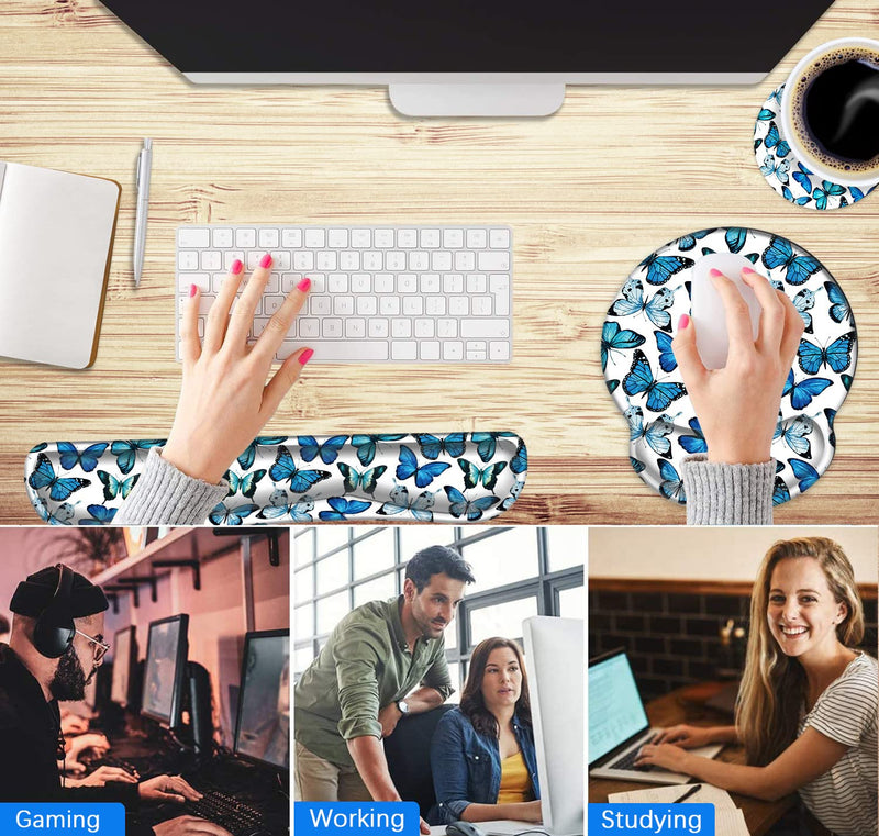 Mouse Pad Wrist Support and Keyboard Wrist Rest Pad with Coaster,Non-Slip Rubber Base Ergonomic Gaming Mousepad for Home Office Working Studying Easy Typing & Pain Relief,Blue Butterflies Blue Butterflies
