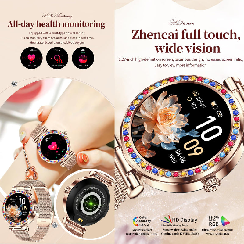Smart Watch for Women(Answer/Make Calls), 5ATM Waterproof Fitness Watch Fitness Watch with Heart Rate/SpO2/Blood Pressure, Bluetooth Smartwatch for Android iPhone, with 2 Watch Bands (Gold) Gold
