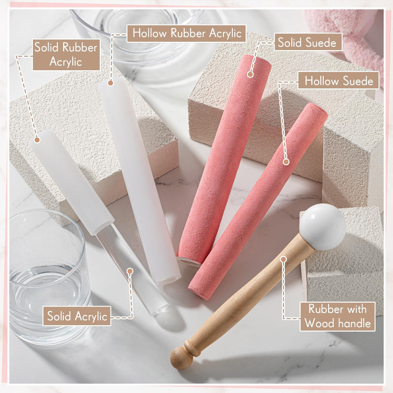 [AUSTRALIA] - Nuanchu 5 Pcs Crystal Singing Bowl Mallet Set Includes Sheepskin Solid and Hollow Sound Sticks Singing Bowl Rubber Mallet with Wood Handle Clear Acrylic Striker for Playing (Pink) Pink 