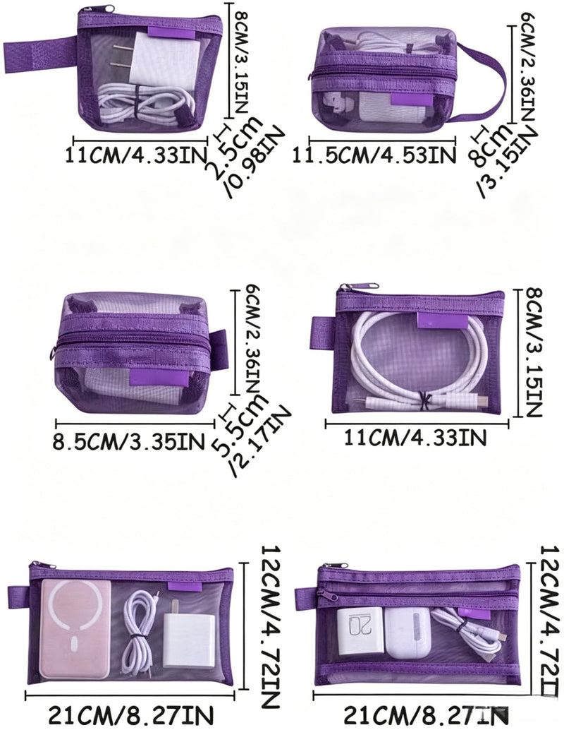 6Pcs Purple Mesh Zipper Pouch Set, Multi-Size Travel Organizer Bags for Electronics, Cosmetics, Cables, Portable See-Through Pouches