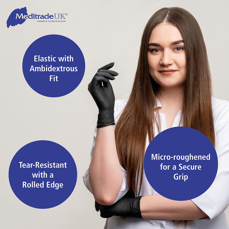 Meditrade Nitril® Disposable Gloves Black - Powder-Free, Latex-Free, Micro-roughened, Food Safe, Examination Gloves & Protective Gloves - Medium