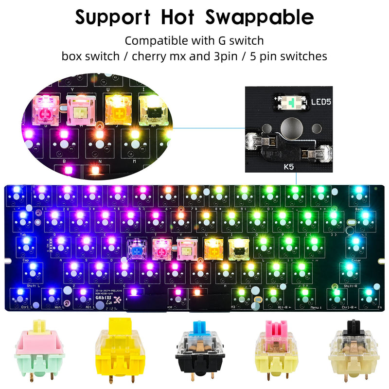 GK61X V3 PCB Plate Case for 60% Keyboard Custom Hot Swappable RGB Keyboard DIY Kit with Mute Cotton Wired for 3/5 Pin Switch (GK61X-Lite Black) GK61X-Lite Black