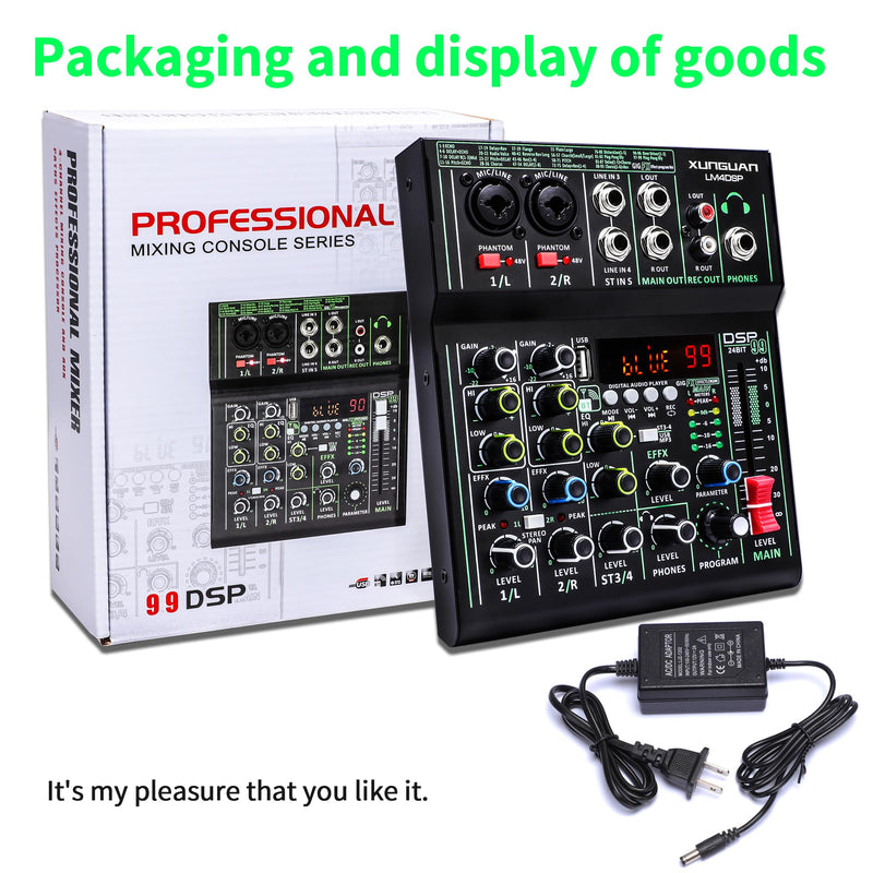 LM4DSP Audio Mixer 4 Channel,99 DSP metal body Sound Board Mixing Console with USB Bluetooth Echo Delay Effect,48V Power for Professional for Recording,Live Streaming,Podcasting DJ Music Application LM4DSP