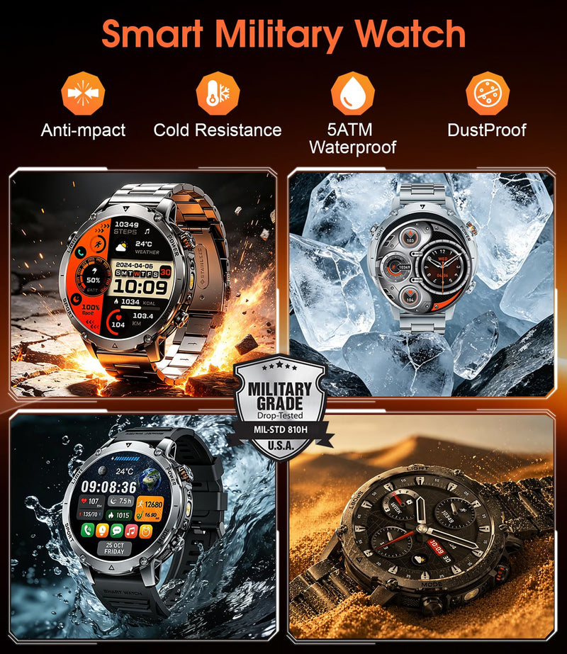 SUNKTA Military Smartwatch for Men 1400mAh Ultra Battery Fitness Smart Watch Answer/Make Calls, Heart Rate,Sleep Tracker, 100+Sports Mode, IP68 Waterproof Smartwatch for Android iPhone(2 Bands) Black