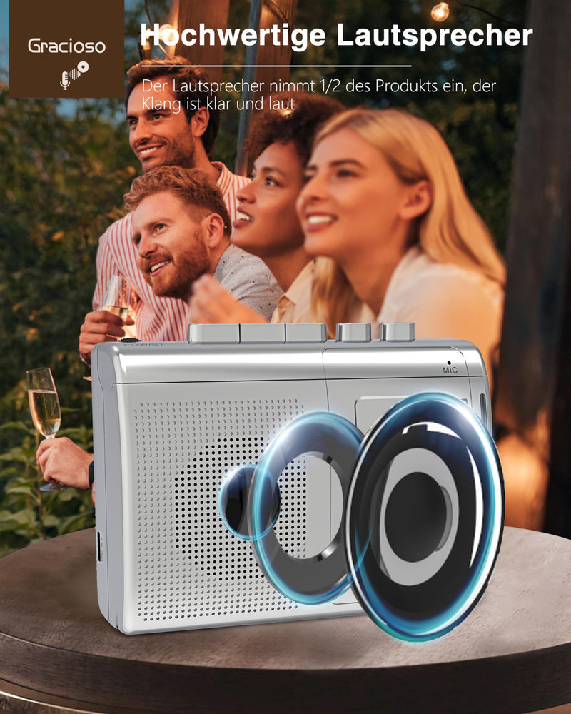 Gracioso Portable Cassette Player Recorder with Bluetooth Transmitter, AM FM Walkman Cassette Player with Headphone Jack & Big Speaker,Microphone Jack, 2*AA Battery Opearated Cassette Tape Player Silver