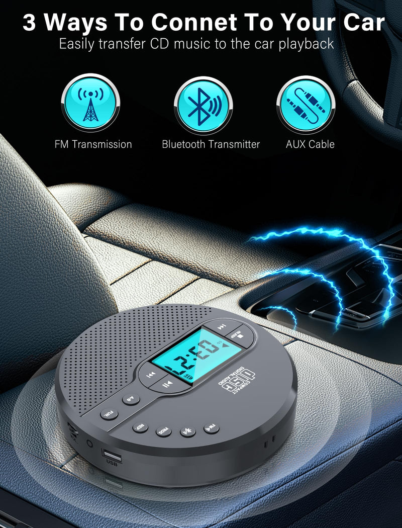 2000mAh Rechargeable Discman CD Player:Walkman CD Player with Bluetooth FM Transmitter,Headphones,LCD Screen,AUX,Built-in Speaker,USB-Portable Personal CD Player Anti-Skip Protection for Car CD35 Grey