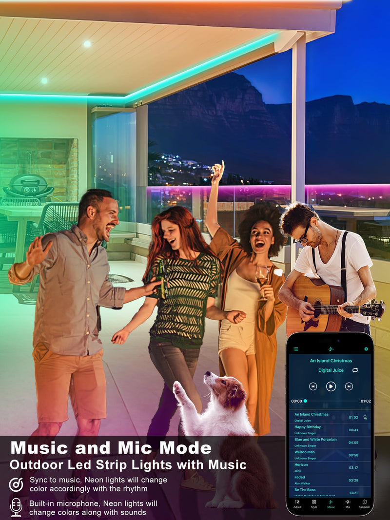 Outdoor Led Strip Lights Waterproof 50ft (1 Roll), Ip65 Outside Led Light Strip Waterproof with Remote and App Control, Exterior Led Rope Lights Music Syne RGB Strip Lights for Bedroom Decor 50 ft