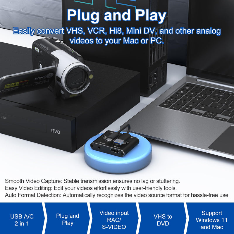 [AUSTRALIA] - RCA to HDMI Converter & VHS to Digital Converter - USB Video Capture Card for VHS/VCR/DVD/AV - Analog to Digital Converter with 1080P HD Output, AV HDMI Adapter, Save and Digitize Old Videos 