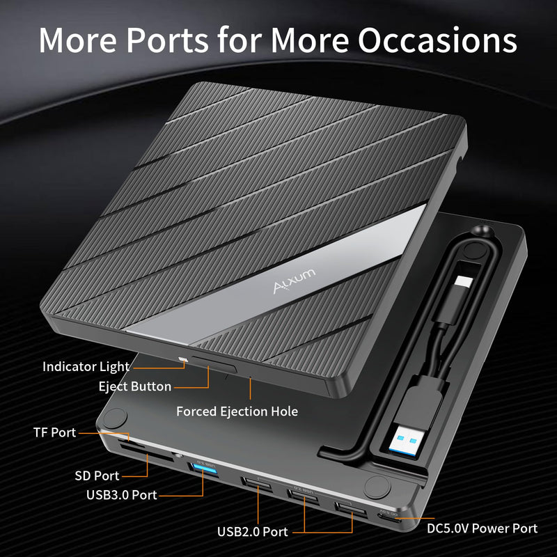 Alxum External CD DVD Drive for Laptop, 8 in 1 Portable Disc Reader Burner | External CD DVD Drive, USB Optical Disc Drive CD ROM DVD Player Rewriter with Multiple Ports for Windows/Mac OS/Linux/Vista Black