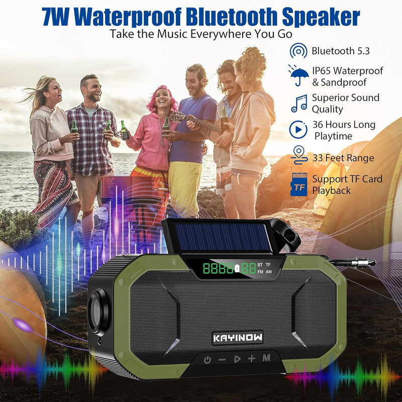 [AUSTRALIA] - Emergency Radio Waterproof Bluetooth Speaker,Portable AM FM Radio with Flashlight,Reading Lamp,Hand Crank NOAA Weather Radio with Solar Panel,5000mAh/18500mWh Cell Phone Charger,Emergency Survival Kit Green 