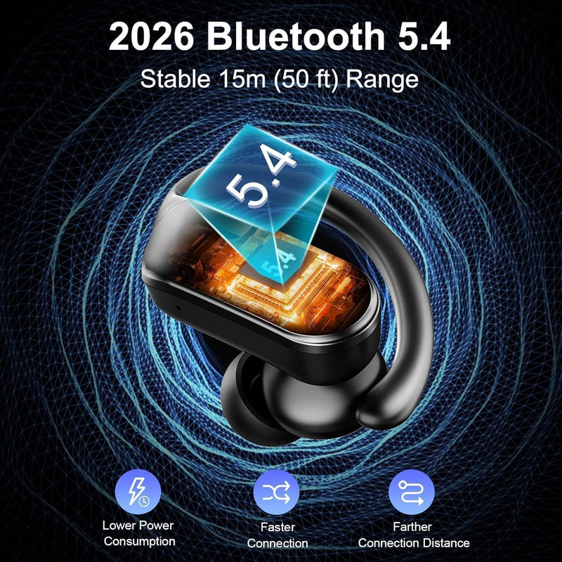 Ordtop Sport Wireless Earbuds with Earhooks, 70H Playtime, IPX8 Waterproof | Bluetooth 5.4, 4 ENC Microphones, Deep Bass Sound, LED Display, USB-C Fast Charging, Secure Fit For Running, Gym And Workouts Deep Black