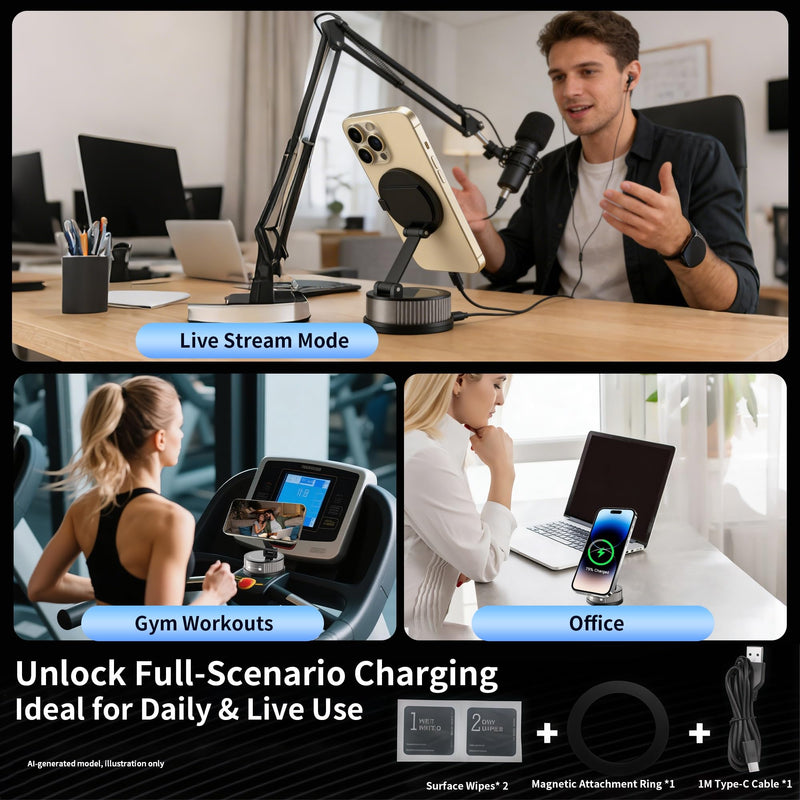 2-in-1 Car Phone Mount with 15W Fast Wireless Charging | 95+LBS Strong Suction & 2400gf Strong Magnetic , 360° Adjustable Car Phone Holder, Phone holders for Your Car