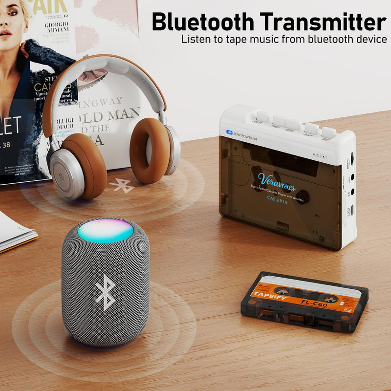 [AUSTRALIA] - Portable Bluetooth Cassette Tape Player, Cassette Player Recorder,Equipped with Headphone and AUX Ports, Support AUX Line in Record,Built-in Microphone, Powered by DC or AA Battery (White) White 
