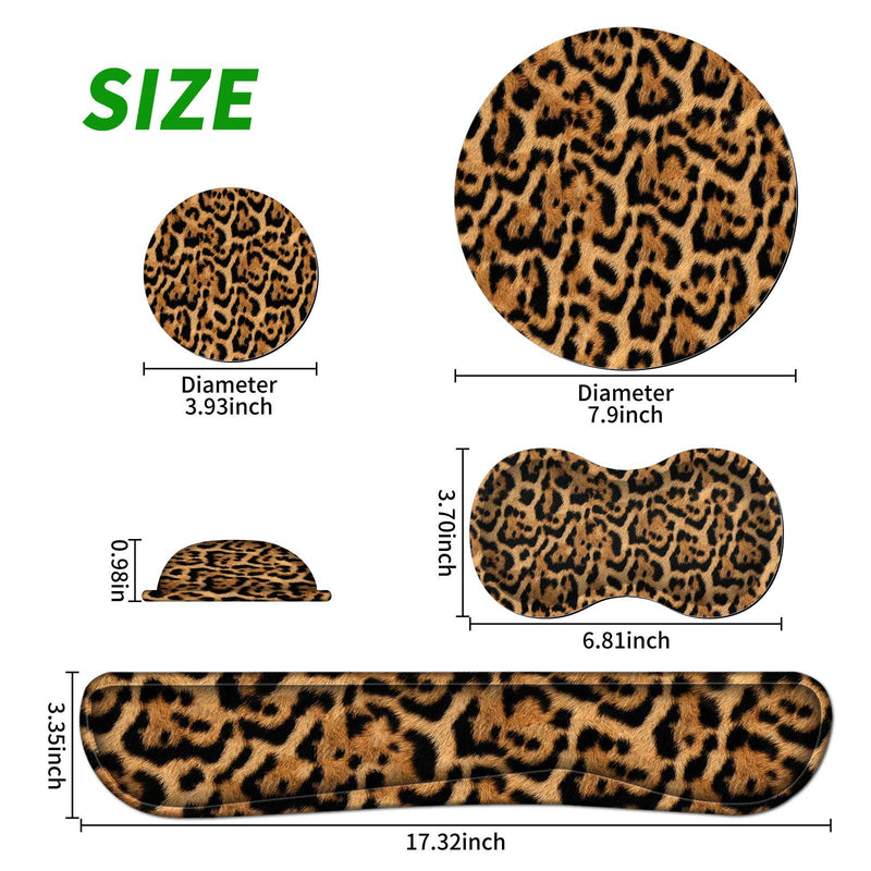 Ergonomic Keyboard Wrist Rests Gel Memory Foam Mouse Pad with Round Mousepad + Coasters, Wrist Support Set with Non Slip Base for Gaming Office Laptop Easy Typing & Pain Relief, Leopard Print