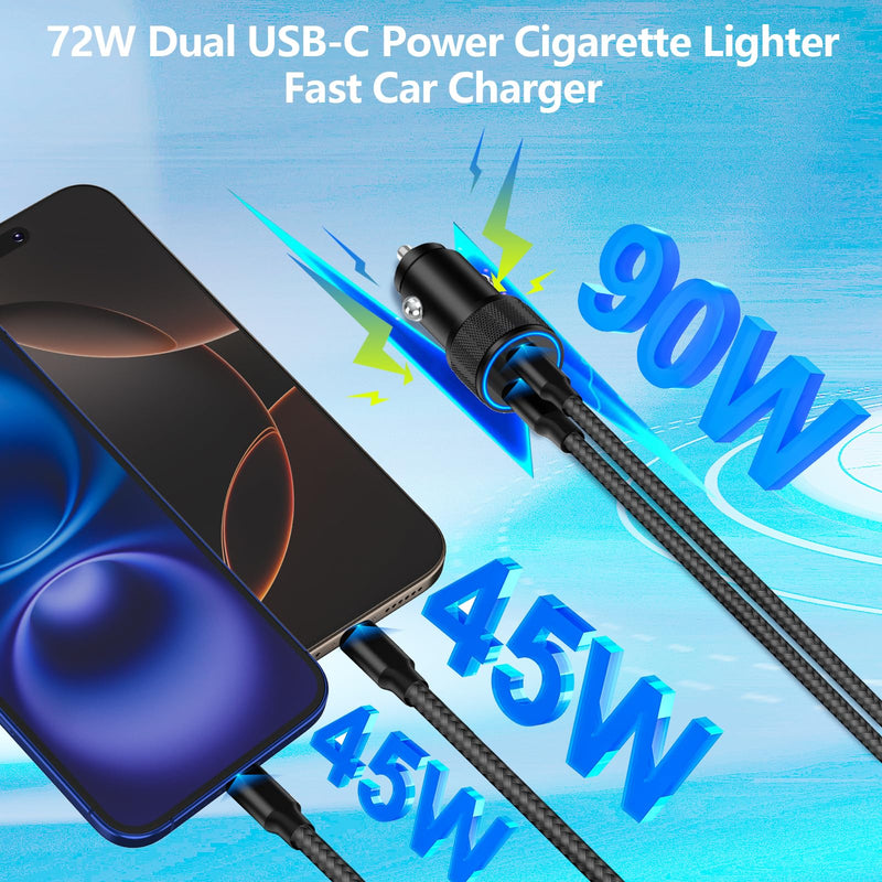 [Apple MFi Certified] iPhone Fast Car Charger, Linocell 90W Dual PD Car Power Cigarette Lighter USB-C Car Carplay Charger with 2Pack Type-C Braided Cable for iPhone 16/16 Pro/16 Pro Max/15/15 Pro/iPad Titanium Black Dual USB-C
