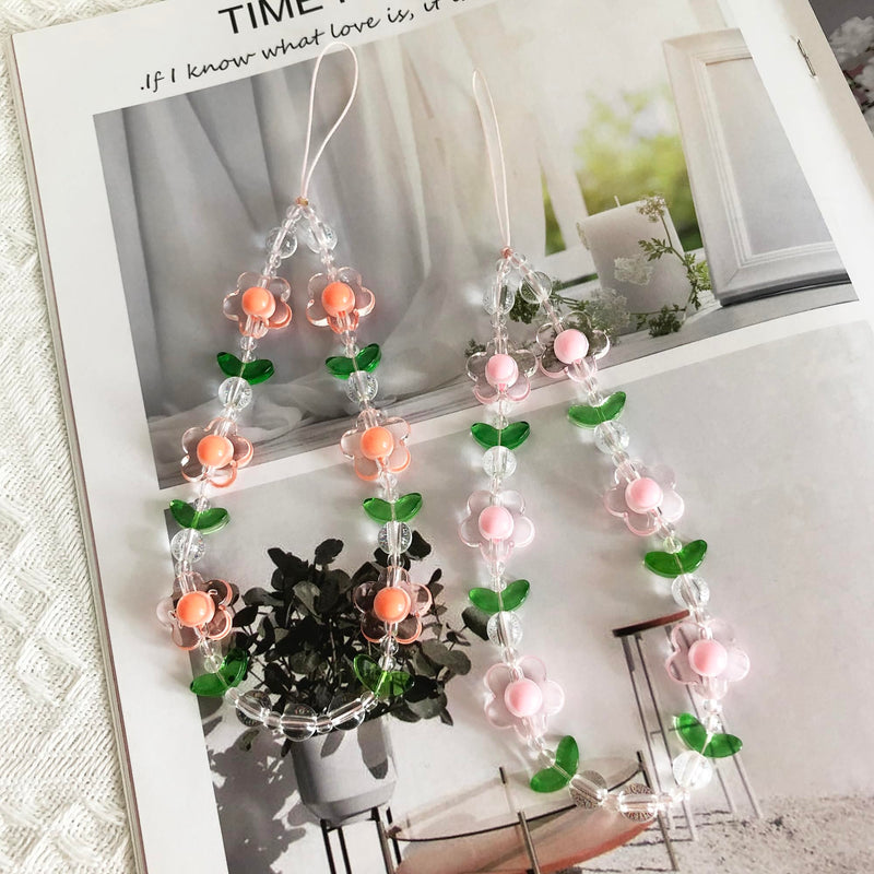 Flower Phone Charm Cute Phone Charms Strap Beaded Phone Keychain Pearl Phone Lanyard for Women Girls Style #1- Flower Orange&Pink
