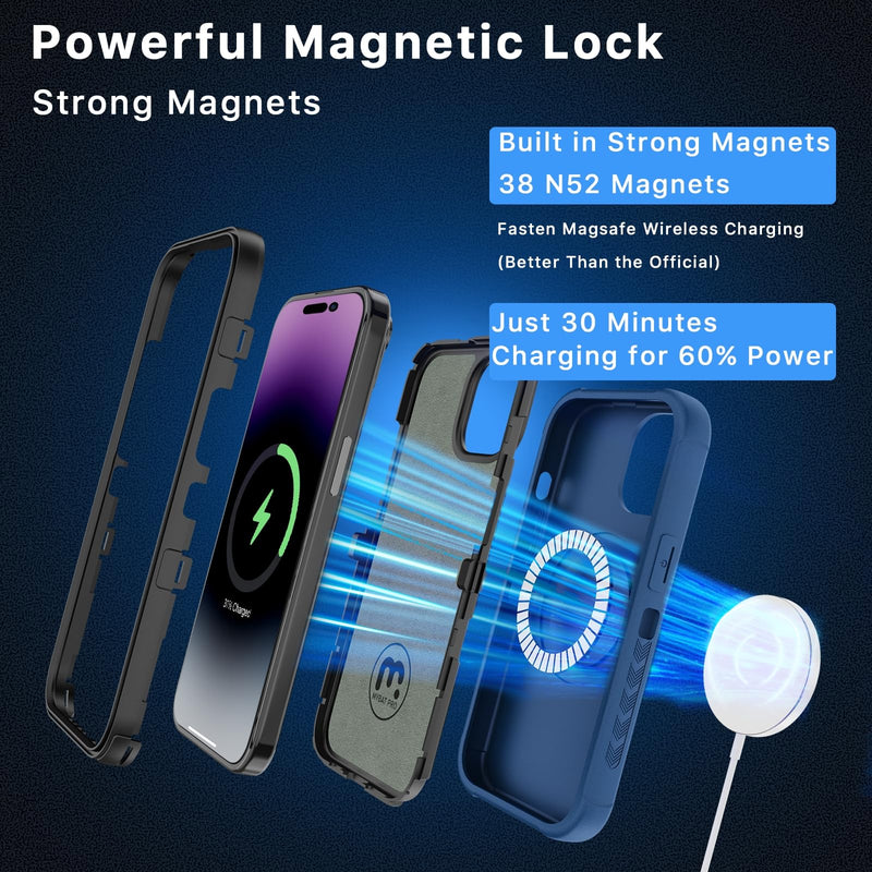 M MYBAT PRO Maverick Series iPhone 15 Case with Belt Clip Holster,[Compatible with Magsafe] w/Screen Protector,Anti-Drop,Shockproof,with 360°Rotating Kickstand,Heavy Duty Protection Blue
