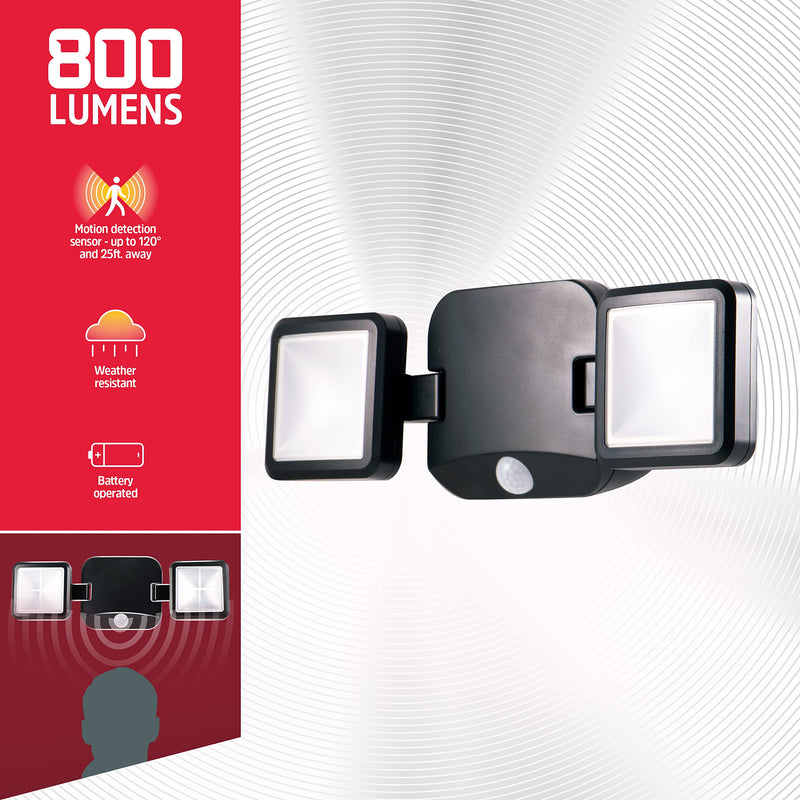 [AUSTRALIA] - Energizer LED Flood Light Outdoor, Security Light, 2 Head, Wireless, Battery Operated, 800 Lumens, Swivels & Rotates, Weather-Resistant, Motion Sensor Outdoor Light, Black, 1 Pack, 40776 
