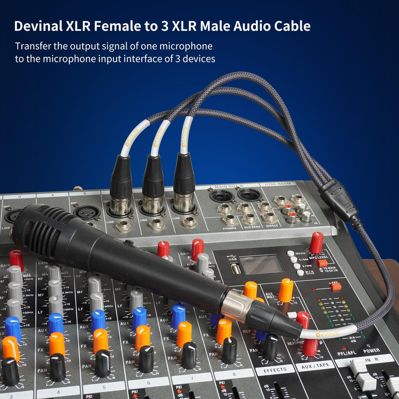 XLR 3 Way Splitter Cable, Devianl 1 Female to 3 Male XLR Split, Balanced Microphone 1 to 3 Cord Adapter Combiner, 2 FT 2FT/ 1 Pack (1 to 3)