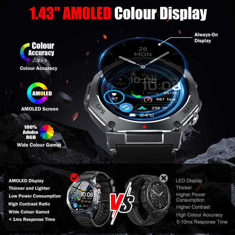Jugeman Military Smart Watch for Men Built-in GPS with LED Flashlight-Black | 1.43" AMOLED Display, 5ATM Waterproof, Compass, Fitness Tracker, Heart Rate/Sleep/Blood Oxygen, Watches for Android/iPhone Black