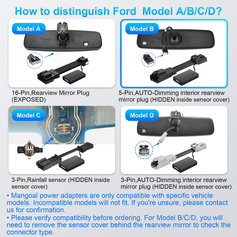 mangoal Dashcam Power Adapter Custom for Ford 5 Pin (Model B) for Mustang Mache Explorer Edge Expedition & More, Connect Auto-Dimming Connector(Hidden)