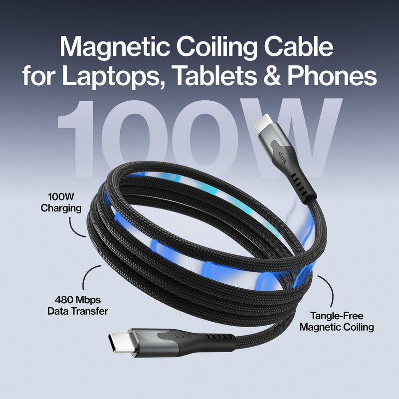 Statik MagStack Pro USB C to USB C Coiling Magnetic Charging Cable,100W | Nylon Braided Tangle-Free Design, Magnetic Coiling, Data Transfer, Compatible with iPhone & Android, 3FT Black, 3 Pack 3ft (3 Pack) USB-C to USB-C