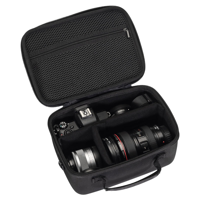 Universal camera case hard waterproof shell EVA interior lined shock-absorbent with dividers and shoulder strap Internal dimensions 8.4 x 5.7 x 3.5" for Canon/Sony/Nikon/Fujifilm mirrorless cameras