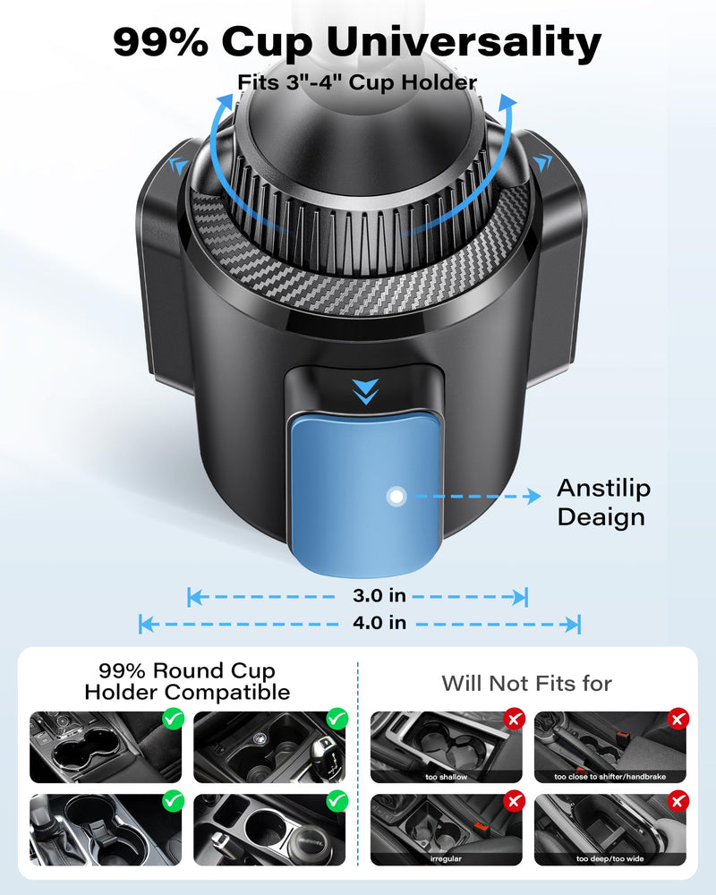 APPS2Car Magnetic Cup Holder Phone Mount, Tri-Pivot Adjustable Long Arm | 17 N54 Magnets, Fits 3"–4" Cup Holders, 17mm Ball Joint, Compatible with MagSafe iPhone, Samsung, Smartphones