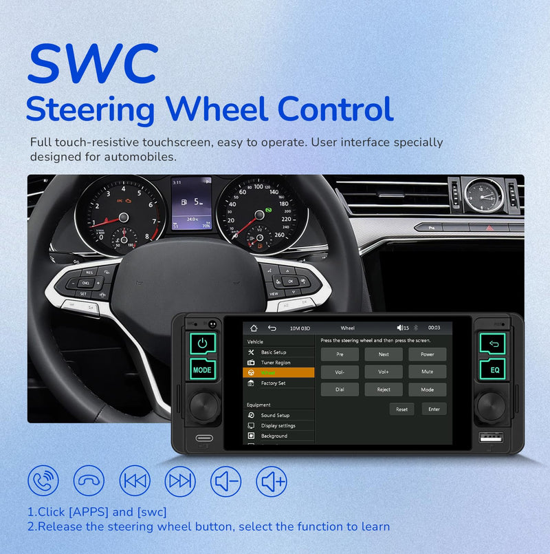Single Din Radio Car Stereo with Wireless and Wired CarPlay & Android Auto 5.1" with Bluetooth 5.2 Car Audio Receiver AM&FM, EQ, TF, AUX＆USB, Fast Charging, AHD Backup Camera MIC