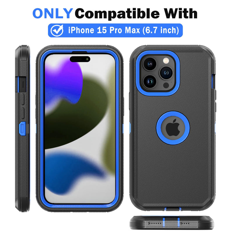 Phone Case for iPhone 15 Pro Max Case,Heavy Duty Hard Shockproof Armor Protector Case Cover with Belt Clip Holster for Apple iPhone 15 Pro Max 6.7 5G 2023 Phone Case (Black+Blue) Black+Blue