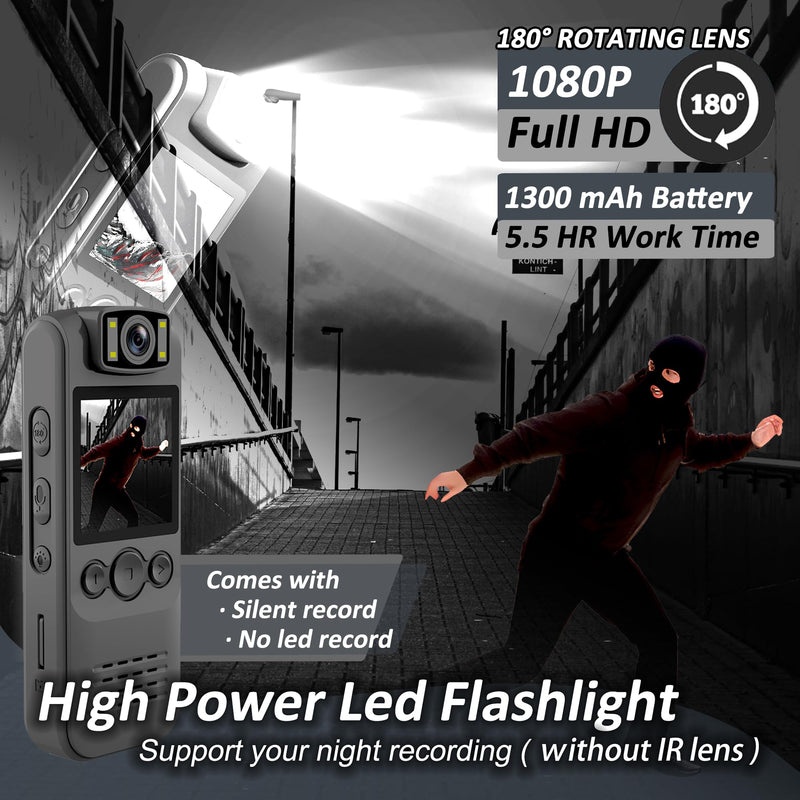 Body Camera with Audio & Video Recording- 64GB 1080P HD Police Cop Cam for Outdoor Law Enforcement Guard Travel Cameras- With Magnetic Clip Flashlight 6HR Battery Recorder (Grey With Lanyard) Grey 64G