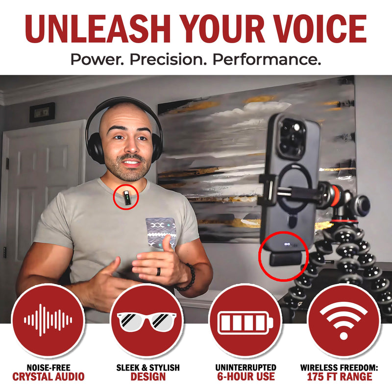 Wireless Lavalier Microphone for iPhone and All Devices - Single 2.4Ghz Mic, Audio w/Noise Canceling - Long Range Up to 175ft - Easy to Use for Video Recording, Podcast