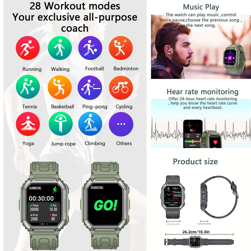 Smart Watches for Men(Answer/Make Call), 1.8" HD Fitness Tracker Watch with Blood Pressure/Heart Rate Monitor, SpO2, 100+ Sports Fitness Smart Watch for Android/iOS Phones, 3 Watch Bands (Green)