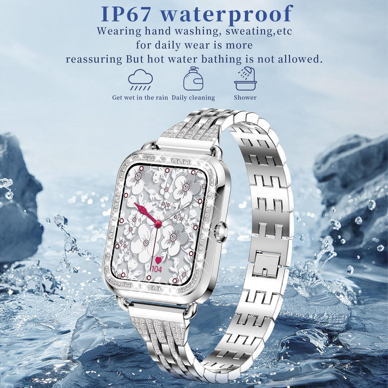 Smart Watch for Women Diamonds(Answer/Make Call),1.29''HD Touch Screen Smart Watch Android,Fitness Tracker with Heart Rate/Blood Oxygen/Sleep Monitor,Waterproof Smartwatch 3 Strap (Diamond Silver)