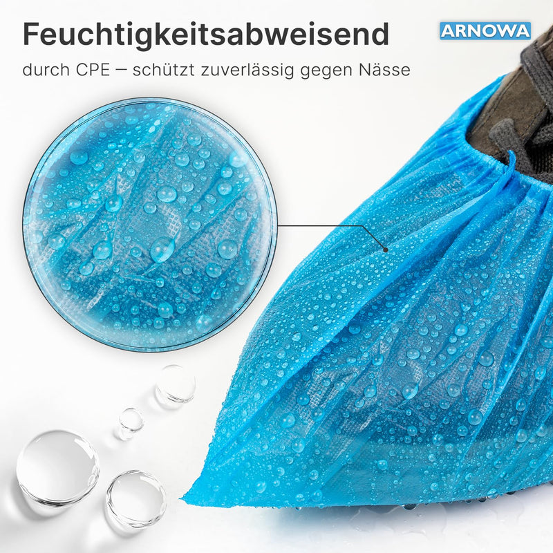 ARNOMED 100 x Disposable Shoe Covers [Waterproof], Galoshes, Shoe Covers Disposable Strong Overshoes Latex-Free, One Size Water and Dustproof, Classic 3 g Strong CPE Material breit Pack of 100