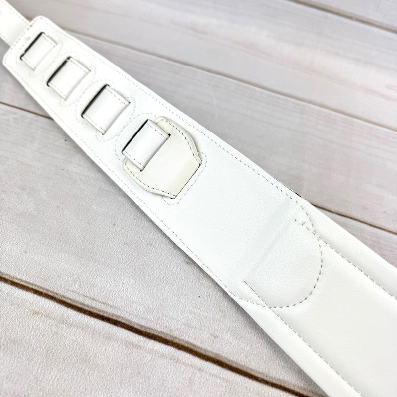 Walker And Williams KB-05-WHT Aged White Celtic Knot Full Grain Carving Leather Padded Strap With Arctic White garment leather Backing For Acoustic, Electric, And Bass Guitars