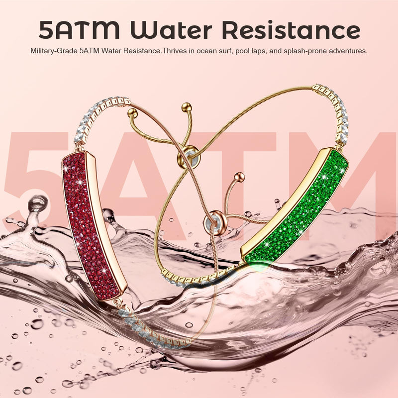 Smart Bracelet for Women with Diamonds Health Fitness Tracker | with Heart Rate HRV Sleep Monitor Sport Modes, 5ATM Waterproof Step Activity Tracker for iOS Android, The Best Gift (2 Bands) Red