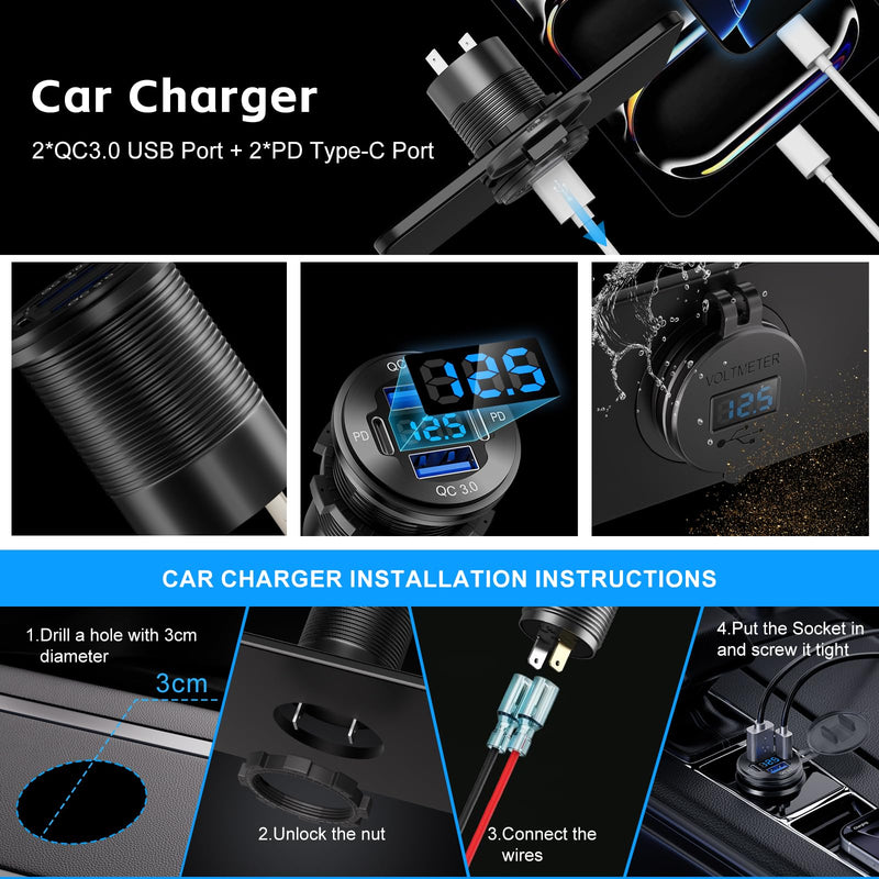 2 Pack 12V USB Outlet 4 Port Car Boat Marine Charger Voltmeter | 2 USB‑C PD & 2 USB‑A QC3.0 fast charging, aluminum flush mount, waterproof, 12V/24V for RV Truck Golf Motorcycle 2PD+2USB(2Pack)