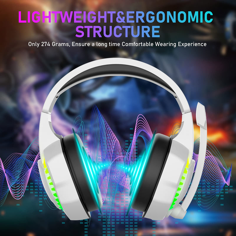 Wired Gaming Headset with Rainbow RGB Backlight Retractable Noise Isolating Microphone Stereo Sound Deep Bass Memory Foam Earmuff Over Ear Headphone for PS4 Xbox One Switch PC Mac Gamer Music (White) White