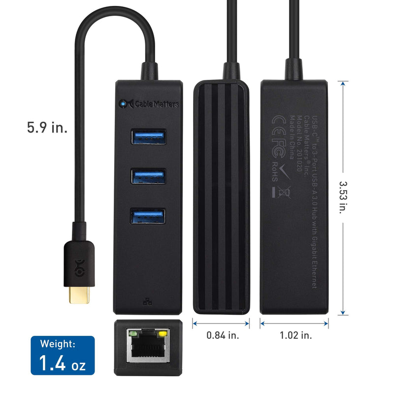 Cable Matters 4-in-1 USB C Hub with Gigabit Ethernet, Black | 10/100/1000Mbps Network, USB C Ethernet Hub, Thunderbolt LAN Adapter