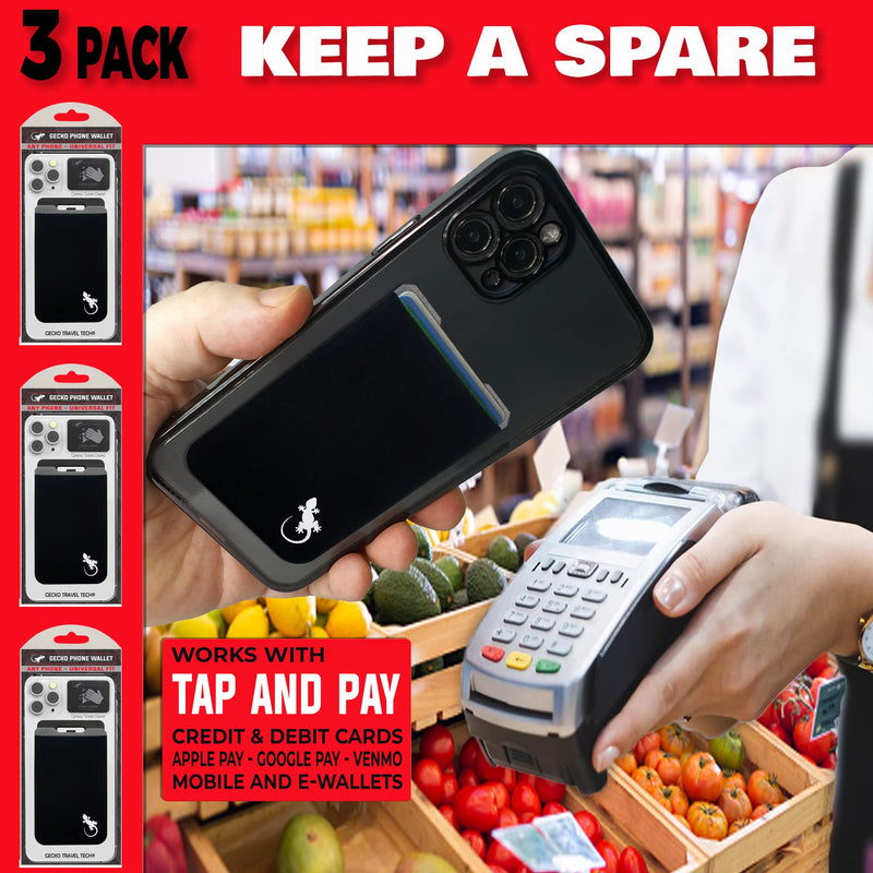 Gecko Travel Tech 3 Pack Phone Wallet Stick on- Phone Card Holder Black - Cellphone Accessories Universal fits Any Cellphone - cardholder Stretchy - Phone Card Holder Wallet (x3 Black/White BLACK WHITE - 3 PACK