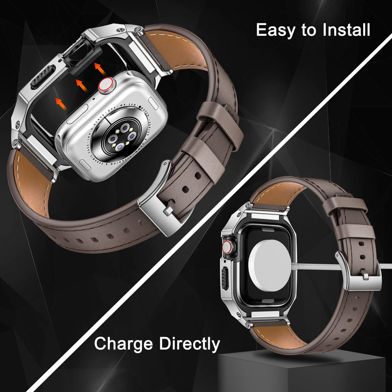 Stainless Steel Case and Leather Band Compatible with Apple Watch 44/42mm | Genuine Leather Apple Watch Strap and Metal Cover for iWatch Series 6 5 4 SE 44mm,Series 3 2 1 42mm for Men, Coffee/Silver 44/42mm (Series 6/5/4/Se/3/2/1)
