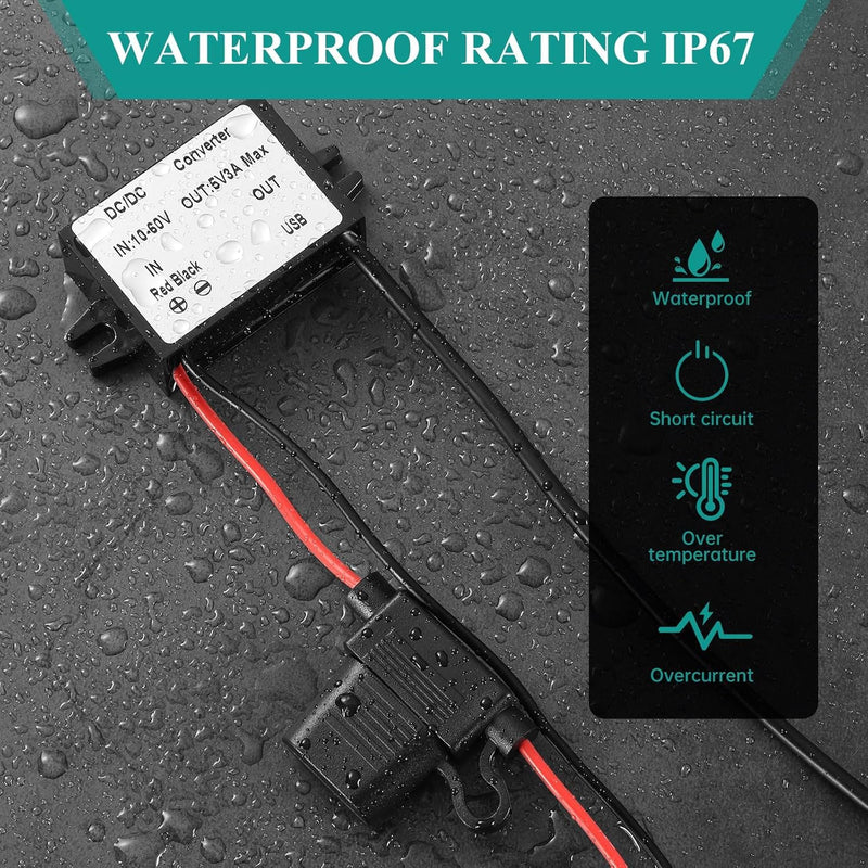 DC DC Buck USB A 10-60V to 5V Voltage Converter with Fuse 5V 3A 15W MAX 12V/24V/36V/48V/60V Power Transformer Waterproof Step Down Module for Automotive, LED Lights, Boat Docks, Instruments USB 10-60V to 5V 3A 15W