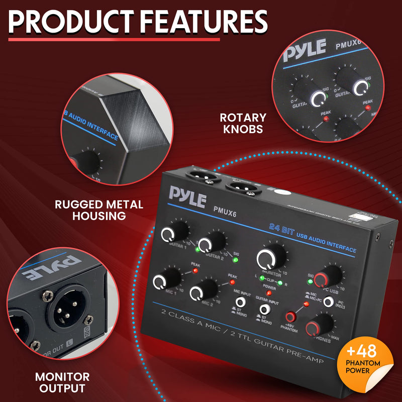 Pyle Professional USB Audio Interface with MIC, Guitar, AUX Stereo Inputs, Phone/Monitor Outputs, Ideal for Computer Playing & Recording, Compact Rugged Metal Housing - PMUX6 Interface Basic