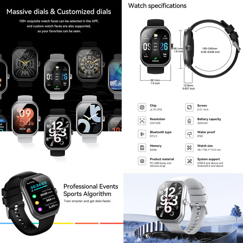 Smart Watches for Men(Answer/Make Call), 2.01" Curved Screen HD Fitness Tracker Watch with Blood Pressure/Heart Rate Monitor, SpO2, Fitness Watch for Men, Smart Watch for Android/iOS Phones (Black)
